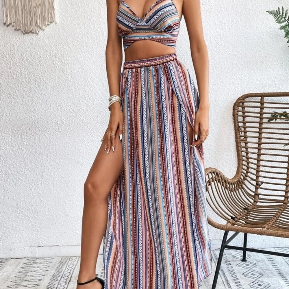 SHEIN Multicolor Striped Wrap Bikini Coverup Skirt - Picture 1 of 6
